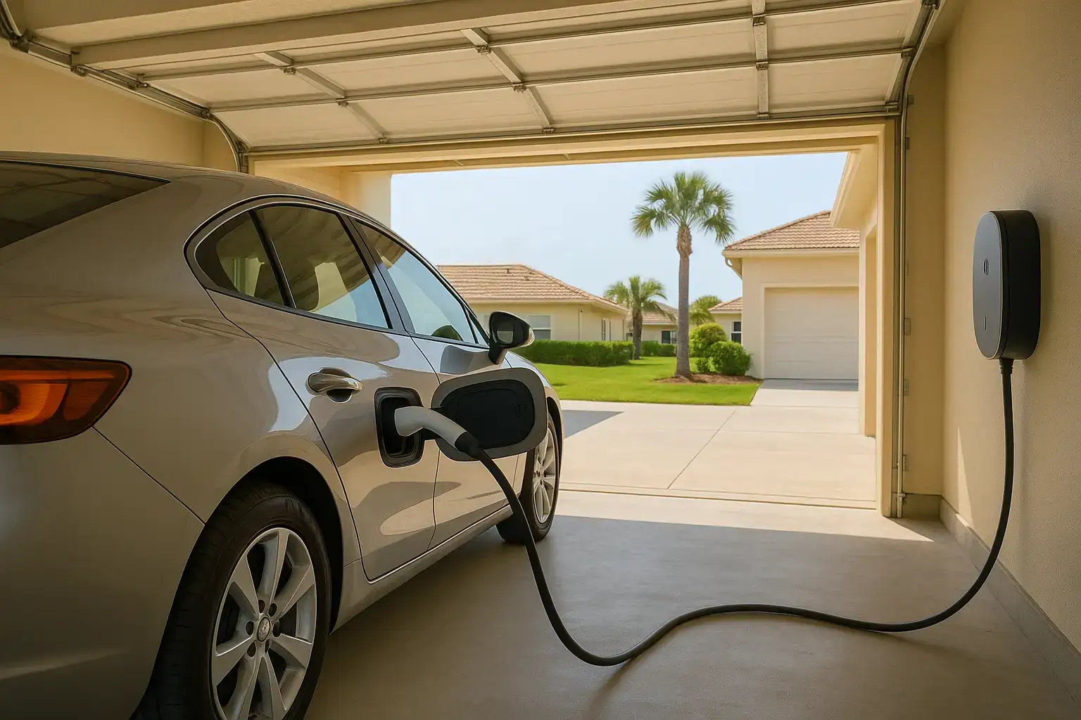 Technik w kombinezonie montujący Wallbox na cegleanej ścianie garażu z kablami i narzędziami